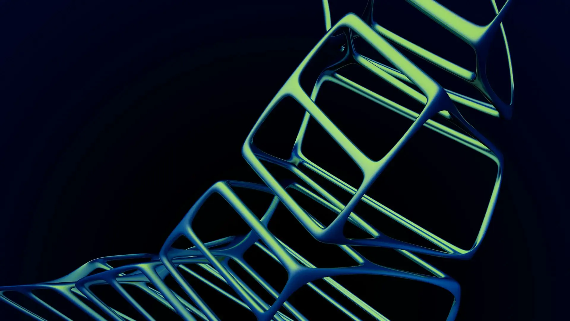 Illustration abstraite de structures géométriques bleutées et vertes, semblables à des cadres flottants, s’entrelançant sur un fond sombre pour évoquer un univers technologique et futuriste.