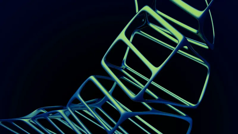 Illustration abstraite de structures géométriques bleutées et vertes, semblables à des cadres flottants, s’entrelançant sur un fond sombre pour évoquer un univers technologique et futuriste.